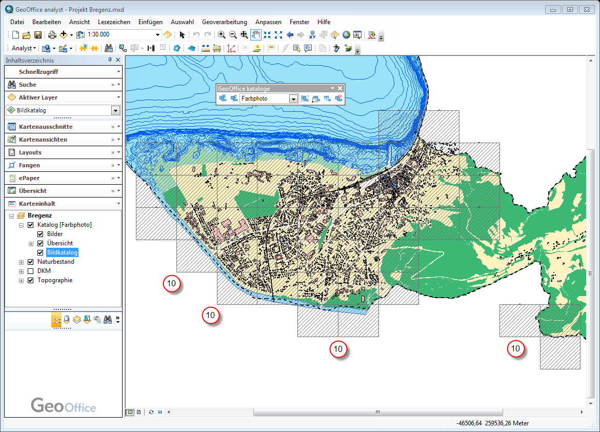 Layer "Übersicht" mit Darstellung der Bilder als Polygonobjekte (10). Layer "Übersicht" mit Darstellung der Bilder als Polygonobjekte (10).