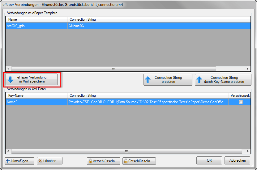 Verbindung aus ePaper Template in Xml speichern