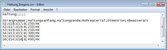 CSV – Linien Importdatei geöffnet