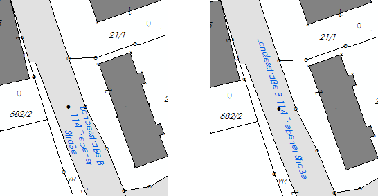 GeoOffice kataster ohne Maplex Label-Engine (a) bzw. mit Maplex Label-Engine (b)