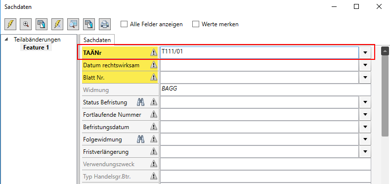 Sachdatendialog - Taänr