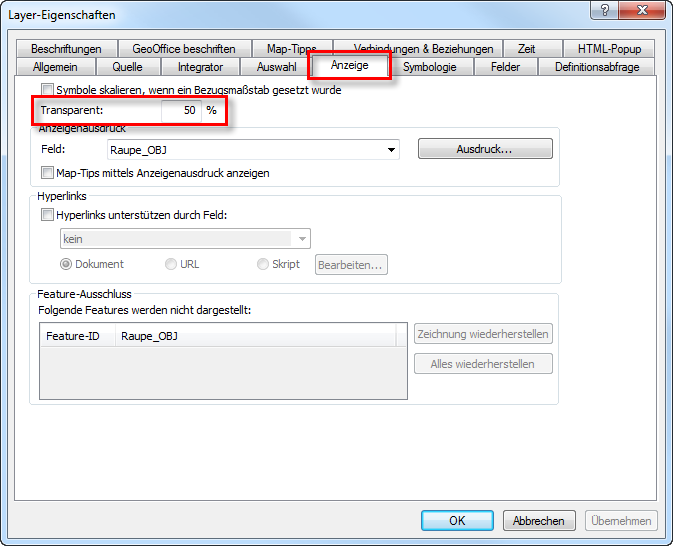 Einstellung von Transparenz in den Layereigenschaften
