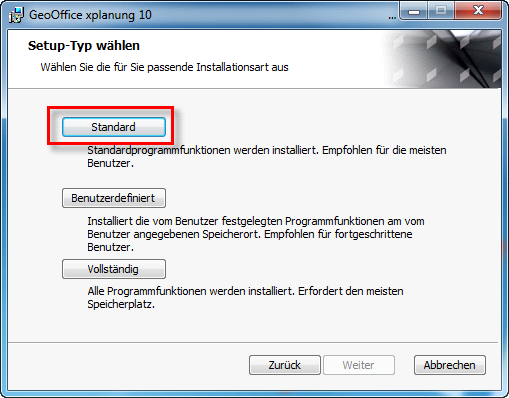GeoOffice XPlanung 10 Setup – Installationsart