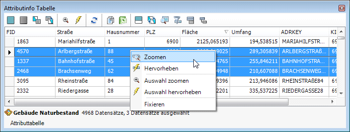 Attributinfo Tabelle – Funktionen Kontextmenü