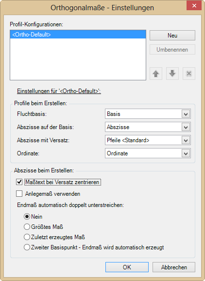 Orthogonalmaße Einstellungen