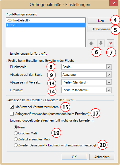Orthogonalmaße – Einstellungen