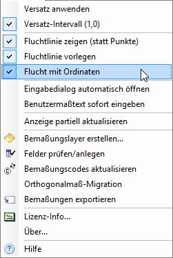 Menü Bemaßen – Flucht mit Ordinaten