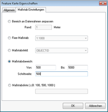 Feature Karte Eigenschaften – Maßstab Einstellungen