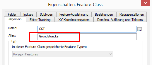 Vergabe eines Alias für die Feature-Class