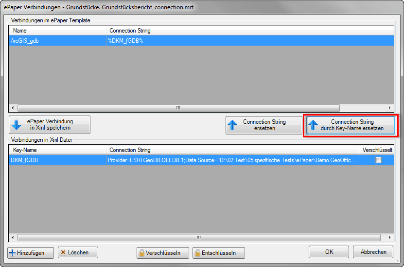 Verbindungszeichenfolge (Connection String) durch Key-Name ersetzen