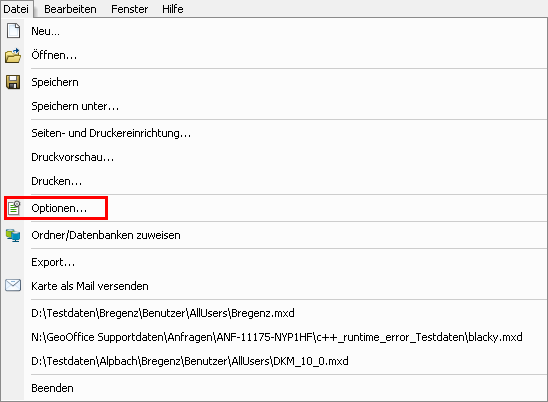 Aufruf der GeoOffice Optionen mit GeoOffice express
