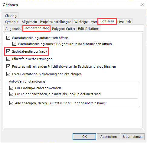 Umstellung auf neuen Sachdatendialog