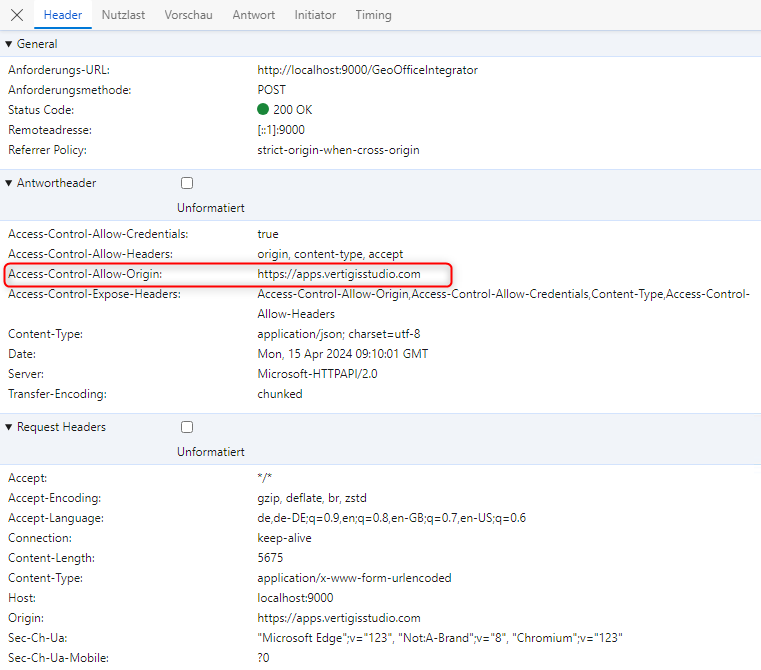 Antwortheader mit zulässiger Domäne "https://apps.vertigisstudio.com"