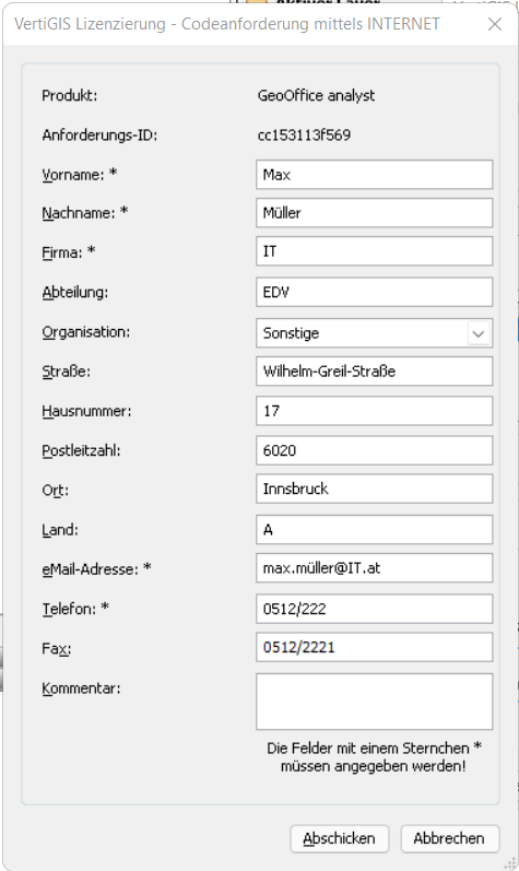 Codeanforderung mittels Internet