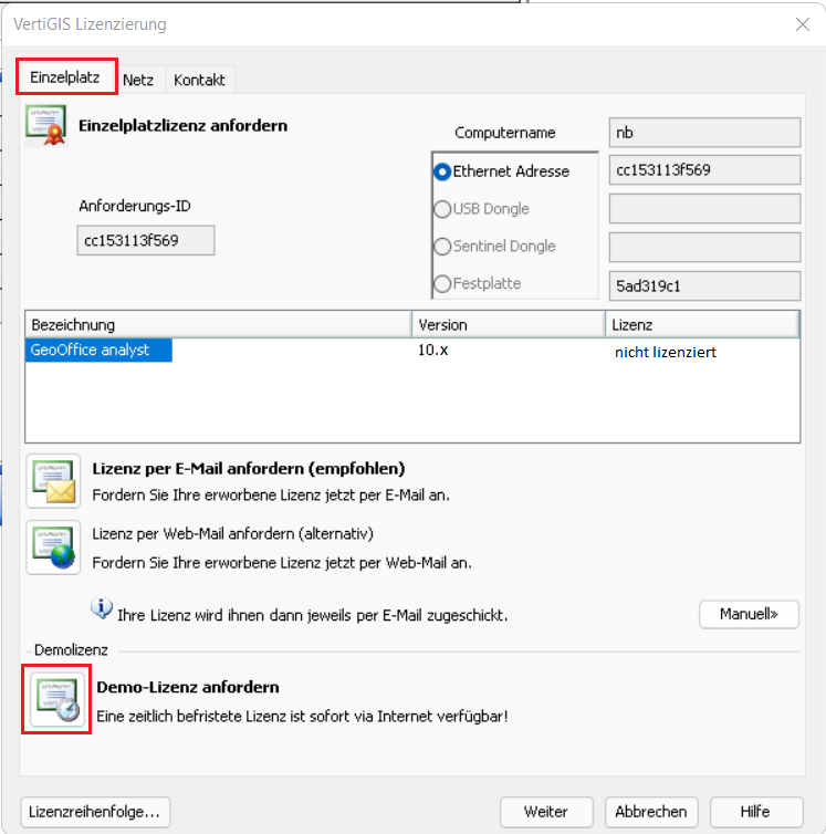 VertiGIS Lizenzierung – Register Einzelplatz