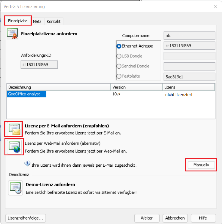 VertiGIS Lizenzierung – Register Einzelplatz