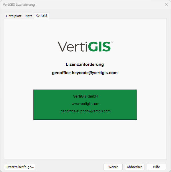 VertiGIS Lizenzierung – Register Kontakt