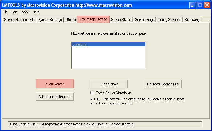 Lizenzmanager – Register Start/Stop/Reread