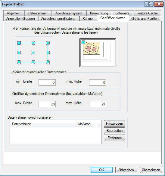 Datenrahmen Eigenschaften – Register GeoOffice plotten
