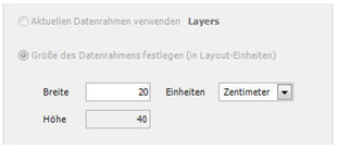 Eingabe der Breite von 20 Zentimetern, Höhe wurde automatisch mit 40 berechnet