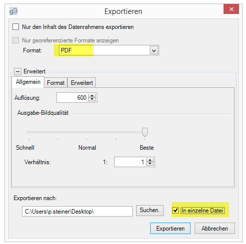 Export "in einzelne Datei"