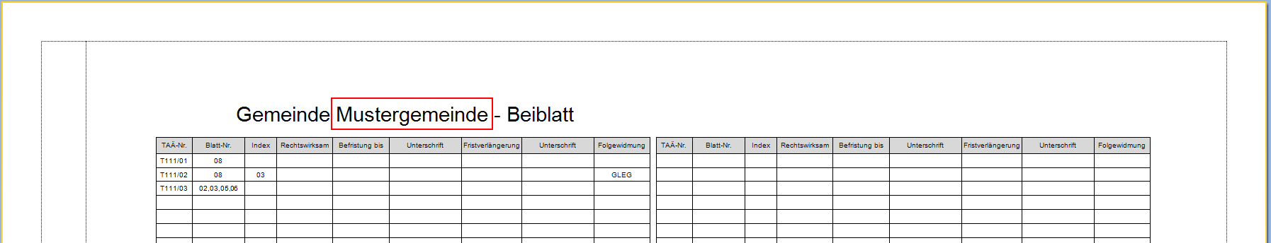 Beiblatt mit Gemeindename Beiblatt mit Gemeindename