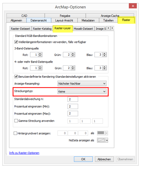 ArcMap-Optionen - Streckungstyp für Raster-Layer ändern