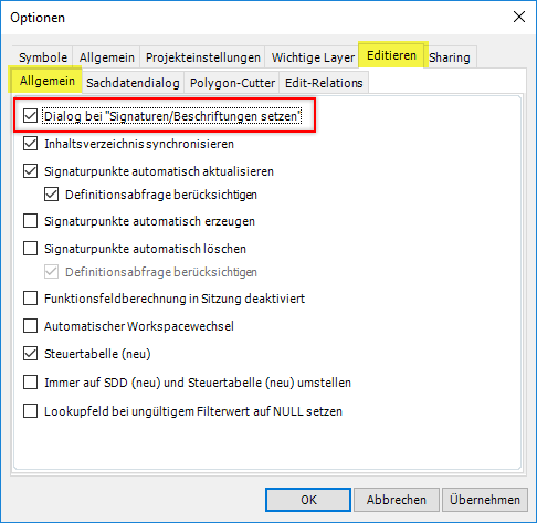 Option: Dialog bei Signaturen/Beschriftungen setzen