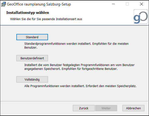 GeoOffice raumplanung 10.9 Setup  -  Installationsart *