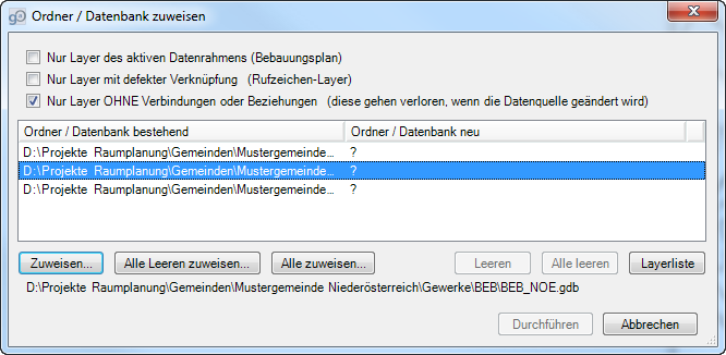 Dialog: Ordner Datenbank zuweisen