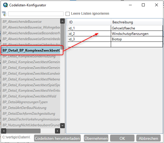 Eingabe der Codeliste Eingabe der Codeliste