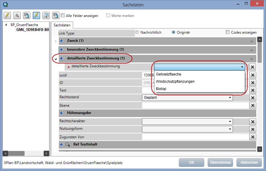 Verwendung der Codeliste im Sachdateneditor Verwendung der Codeliste im Sachdateneditor