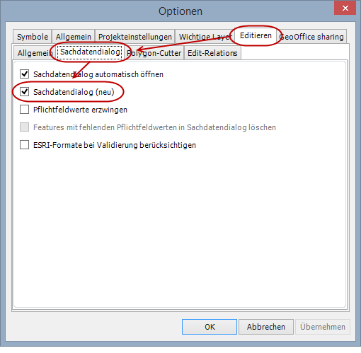 GeoOffice editieren Optionen: Sachdatendialog