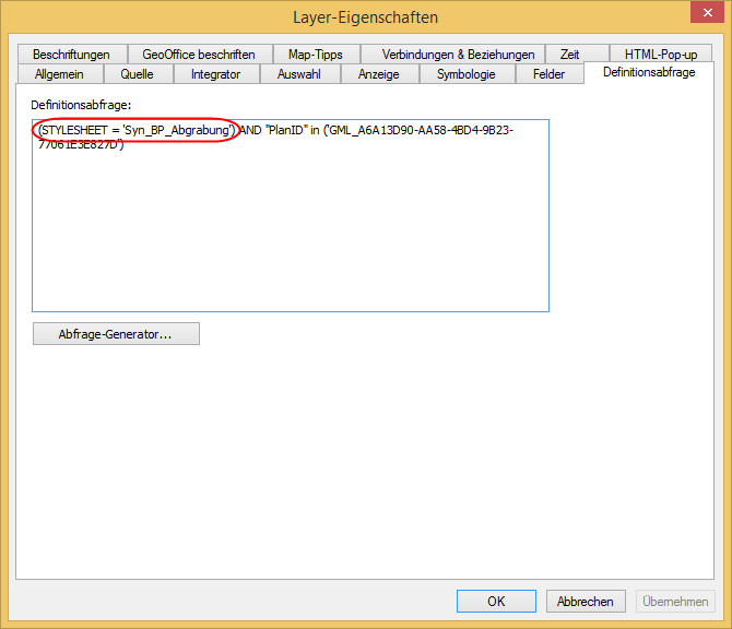 Setzen der Definitionsabfrage über die Layereigenschaften eines Präsentationsobjektes