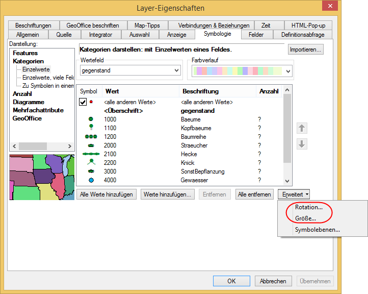 Bei Verwendung von ESRI Symbolik müssen die Felder Ratation und Größe definiert werden.