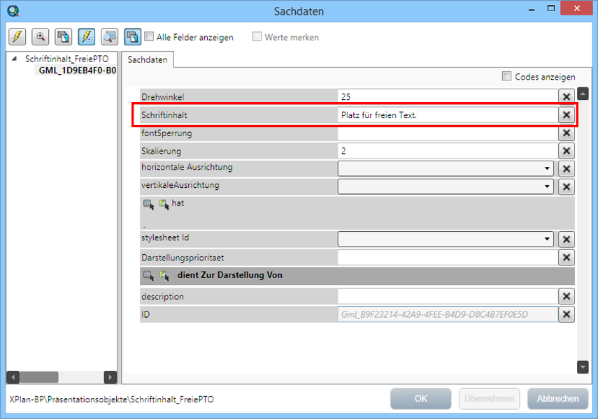 Sachdaten eines freien Präsentationsobjektes
