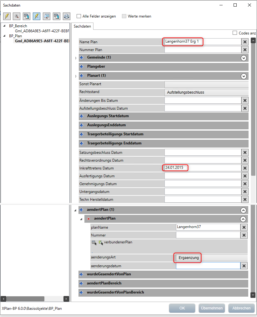 Sachdateneingabe im Ergänzungsplan