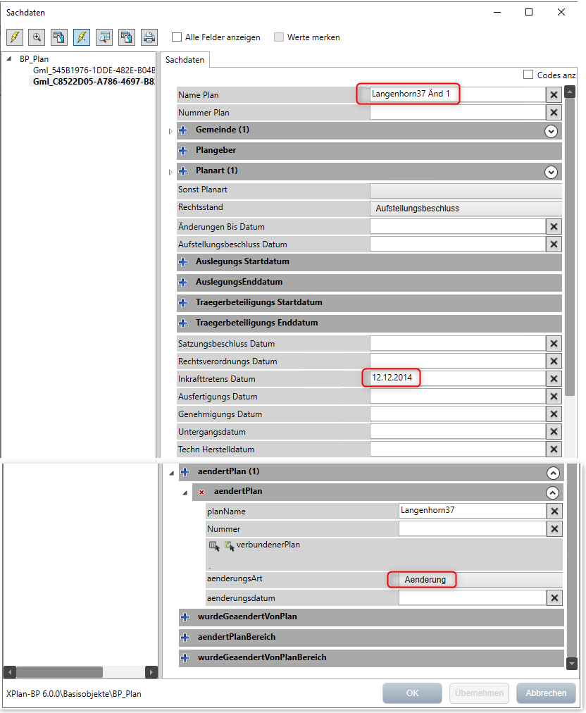 Sachdateneingabe im Änderungsplan