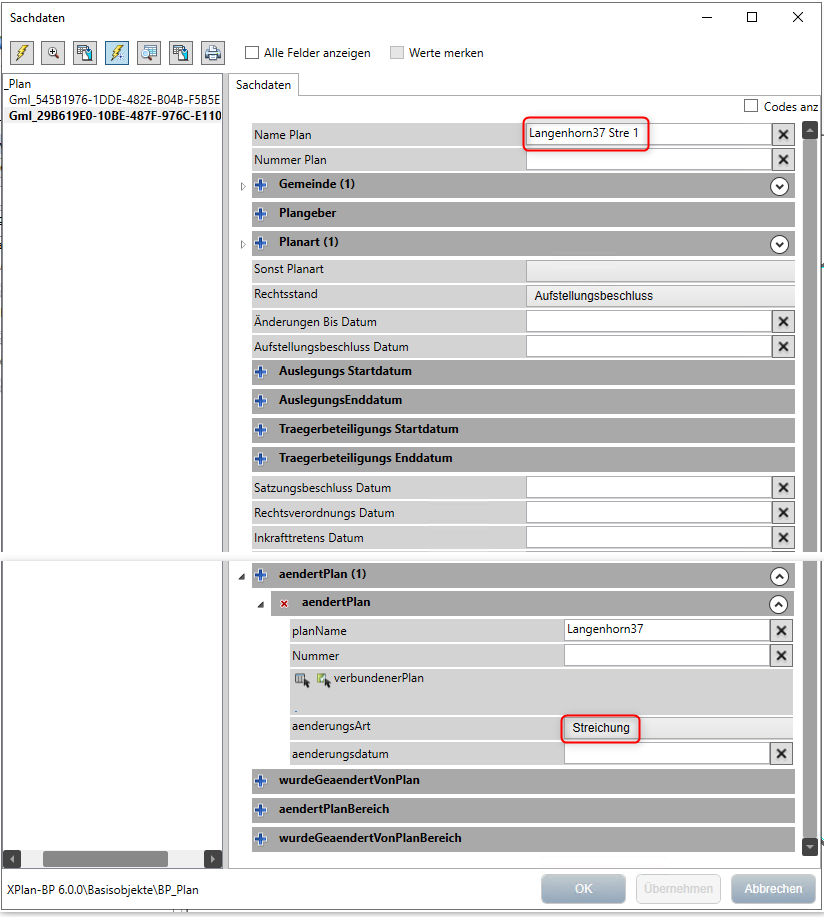 Sachdateneingabe bei Streichungsplan Sachdateneingabe bei Streichungsplan