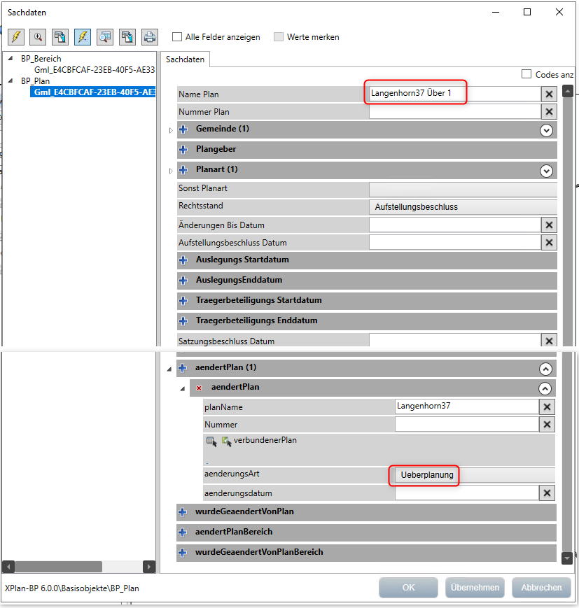 Sachdateneingabe bei Überplanung