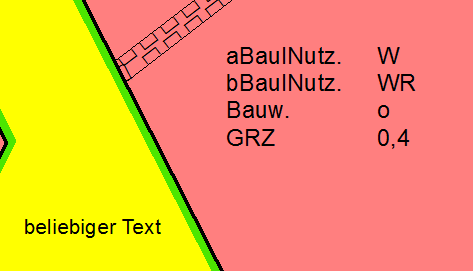 links: Beispiele freier Präsentationsobjekte aus dem Bebauungsplan rechts: gebundenes Präsentationsobjekt, das die Werte aus der zugrundeliegenden FeatureClass ausliest