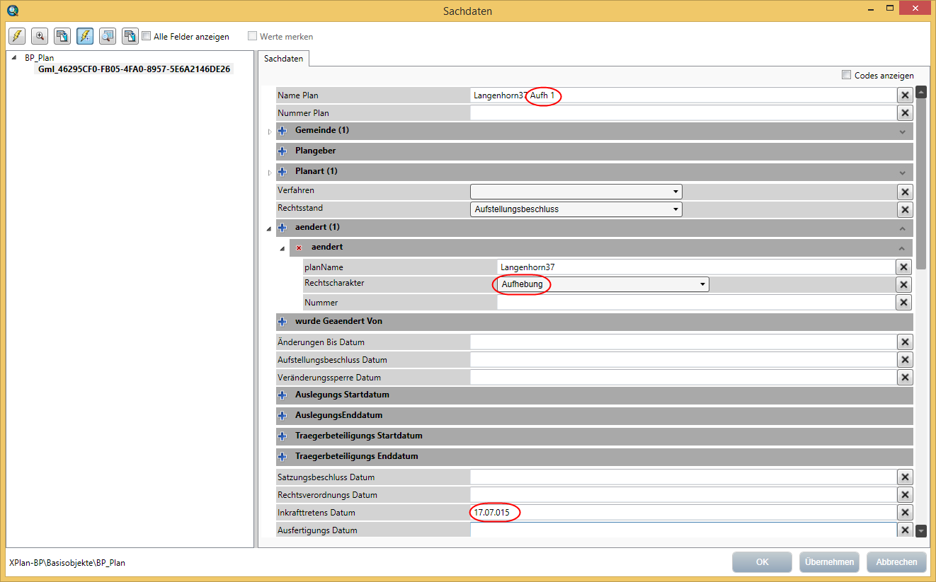 Sachdateneingabe im Aufhebungsplan